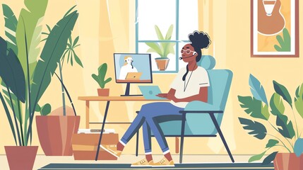 Young woman sitting in a comfortable chair in her home office, wearing a headset and looking at her laptop.