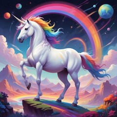 Fototapeta premium Unicorn with colorful rainbows castles and planets..