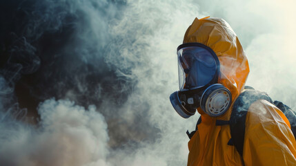 A profile view of a person in a yellow hazmat suit and gas mask enveloped in thick, swirling smoke, evoking a sense of urgency.