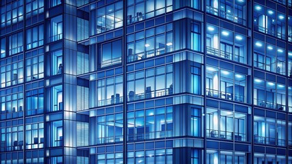 Obraz premium Pattern of office buildings windows illuminated at night. Glass architecture ,corporate building at night - business concept. Blue graphic filter. : Generative AI