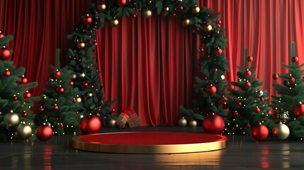 Red and gold Christmas background with a stage for product presentation. There are Christmas trees, ornaments, lights, and a wreath on the background.