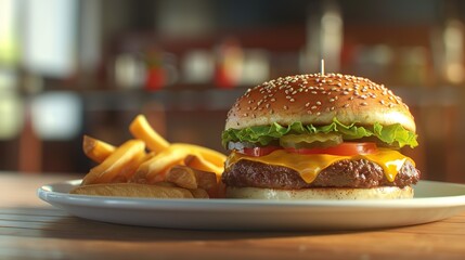 A classic cheeseburger with a juicy beef patty, melted cheese, lettuce, tomato, and pickles, served with a side of crispy golden fries