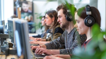 Group of programmers coding in a collaborative workspace