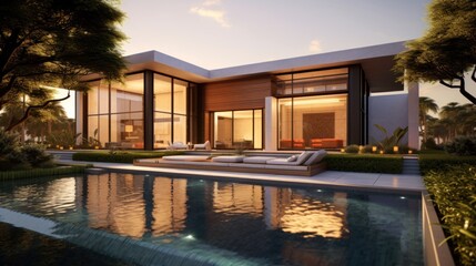 Modern House with Pool and Surrounding Greenery at Dusk