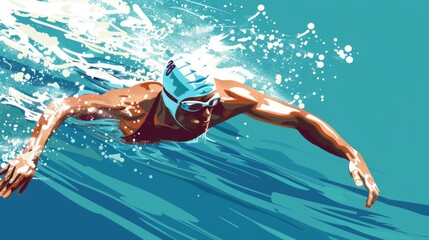 Illustration of Swimmer diving into the pool, water splashing, competitive race