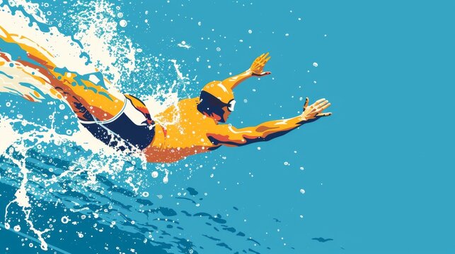 Illustration of Swimmer diving into the pool, water splashing, competitive race