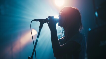 Fototapeta premium Lead singer with a microphone, belting out lyrics