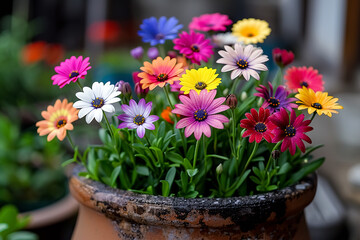 Bright multi-colored flowers in clay pots decorating a gray stone city