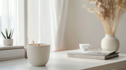 A beautiful lit candle sits on a white table. The warm glow of the candle creates a relaxing and inviting atmosphere.