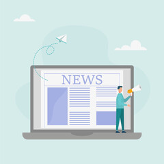 Last news. A character reads news online using a laptop or newspaper. Vector illustration.	