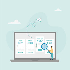 Tariff plan options for online services. Business pricing table. The character chooses a plan type. Vector illustration.	