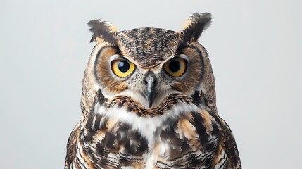 Fototapeta premium A close-up of an owl with big yellow eyes staring at the camera with a blurred background. The owl has brown and black feathers.