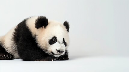 Fototapeta premium An adorable baby panda is lying on the ground, looking up at the camera with its big, round eyes.