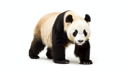 Obraz premium An adorable panda bear isolated on a white background. It is standing on all fours and looking at the camera with a curious expression.