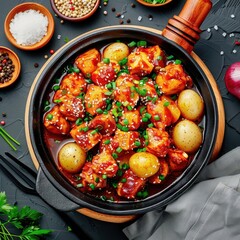 A flavorful dish of dakdoritang ( Korean spicy chicken stew) with potatoes garnished with sesame seeds and green onions in a black pot, isolated background
