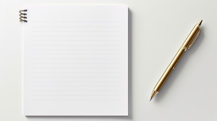 Blank Notebook with Gold Pen on White Background