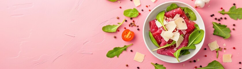 A fresh carpaccio topped with shaved Parmesan cheese, set against a pink background with peppercorns and cherry tomatoes.