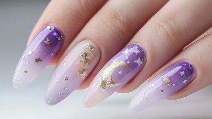 Elegant Lavender and Gold Starry Night Manicure Design for Fashion and Beauty Inspiration