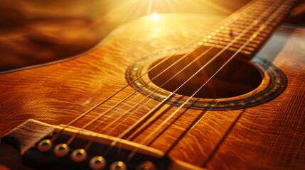 Fototapeta premium An acoustic guitar lies bathed in warm sunlight, capturing the essence of music, melody, and harmony. The wood grain and golden hues symbolize craftsmanship, passion, and the beauty of sound.