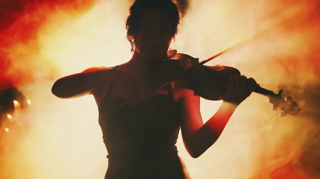 fantasy woman violinist playing the violin classic style. Girl musician hands in motion art music artist on stage. Black silhouette dark room full smoke magic light red orange flare. beauty sexy lady