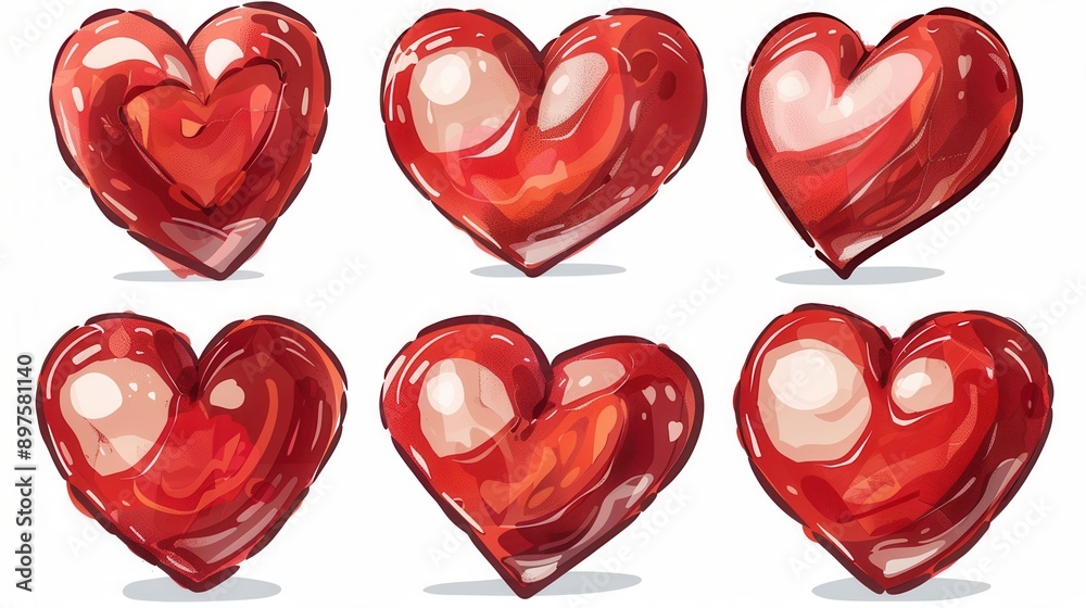 Fototapete a collection of six red hearts, each rendered in a unique watercolor style and posed in a different 