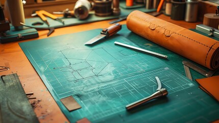 The image is a flat lay of a leatherworker's desk. There is a green cutting mat on the desk, with a leather pattern drawn on it.