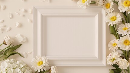 A charming floral display of daisies, ranunculus, and hydrangeas, beautifully framing a blank white frame, set against a soft cream backdrop