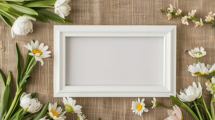 A lively spring arrangement of daisies, ranunculus, and snapdragons, beautifully framing a blank white frame on a natural burlap background