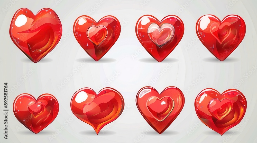 Fototapete a collection of eight red heart illustrations in various styles and poses, including hearts with dif