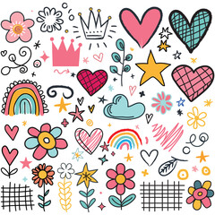 Collection of hand drawn colorful charcoal doodle shapes.Pencil drawings isolated on white. Crown,rainbow, circular, stars,cloud, flowers, heart and grid doodle collage elements.