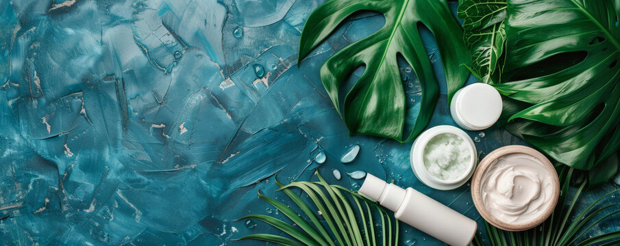 Top view of spa beauty products on a color surface, highlighted by lush tropical leaves. The spacious layout is ideal for adding text or design components.