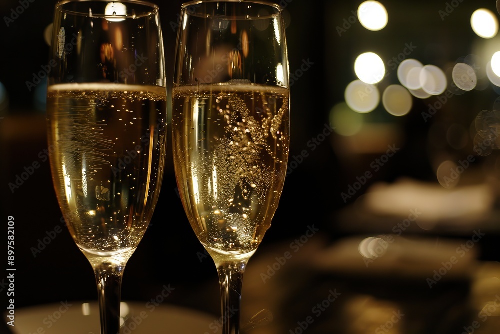 Wall mural close-up of two champagne glasses with bubbles and bokeh lights in the background, perfect for celeb