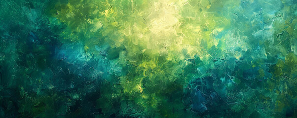 Fototapeta premium Abstract oil painting with luminous green and blue textures. The glowing colors merge seamlessly, creating a serene and calming visual experience that emphasizes the depth of the oil paint texture.