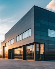 Fototapeta premium Modern building in aluminum siding and flat angled roofline and front windows.