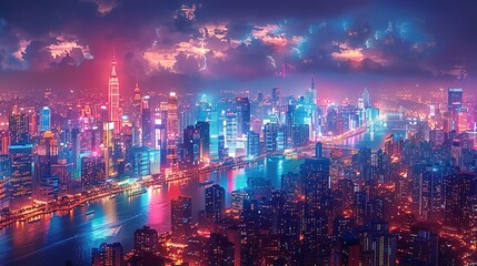 Obraz premium A large cityscape illuminated by vibrant, neon-lit buildings and a twinkling skyline, creating a dazzling, bustling atmosphere that glows with radiant, electric energy at night. Watercolor style,