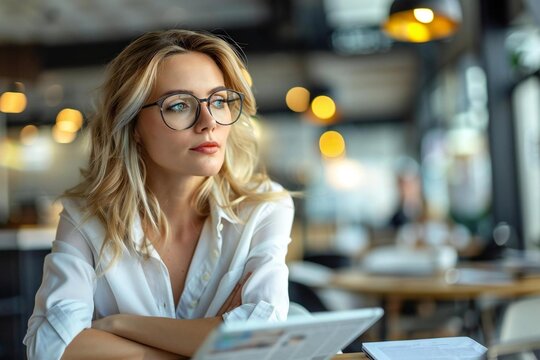 Beautiful businesswoman engrossed in reading news on a digital tablet at her modern office workplace.