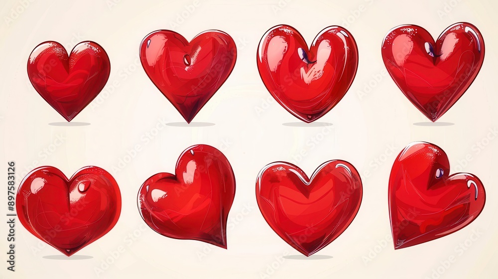 Fototapete eight red hearts drawn in different styles with varying degrees of gloss. generative ai