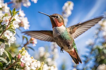 Fototapeta premium Colorful hummingbird hovering, white background