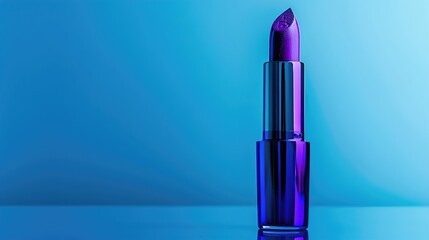 A bold purple lipstick tube standing tall against a backdrop of electric blue, emanating confidence and individuality with its vibrant hue and modern packaging.