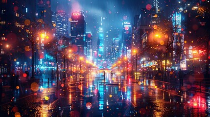 A majestic urban landscape at night, with radiant, colorful lights sparkling and reflecting off the bustling city streets, creating an energetic and sophisticated atmosphere. Watercolor style, high