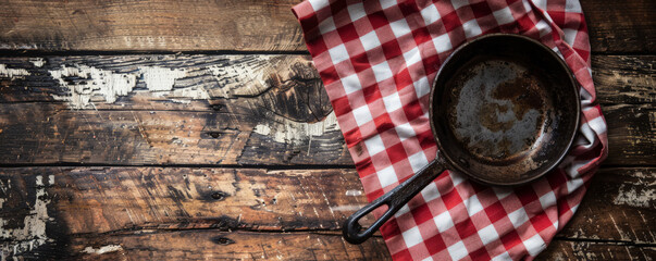 Aerial view of a wooden table with a classic checkered tablecloth and an old, well-used pan. The scene is reminiscent of traditional home cooking.