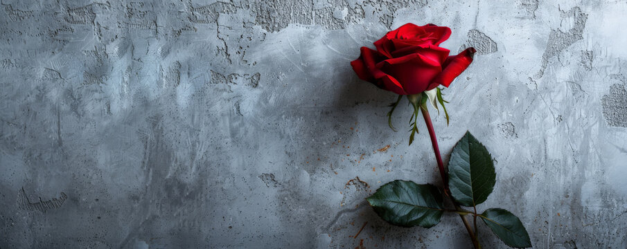 A single rose with a concrete backdrop and an empty wall. The vivid red petals stand out against the neutral gray background, creating a striking flat lay image.
