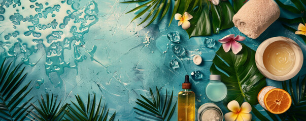 Aerial shot of various spa beauty products on a colorful background, adorned with tropical foliage. The arrangement offers plenty of space for text or creative overlays.