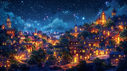 Obraz premium An enchanting cityscape at night, with illuminated, vibrant buildings and twinkling lights creating a lively, bustling atmosphere that glows with radiant, electric energy. Watercolor style, high