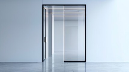 A contemporary glass door with sleek metal frame, against a backdrop of minimalist white walls, offering a glimpse into modern interior design.