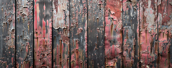 An aged metal surface with a mix of peeling paint and weathered textures, creating a rustic appearance.