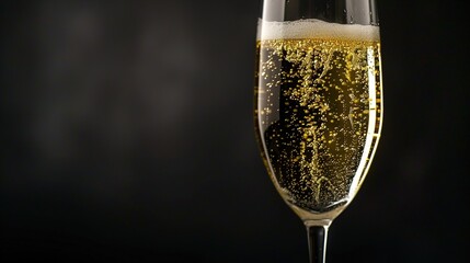 A crystal-clear wine glass filled with sparkling champagne, set against a backdrop of deep black, capturing the elegance and effervescence of celebratory moments.