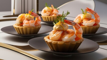 Close-up of shrimp tartlets on a dark plate. Food photography.