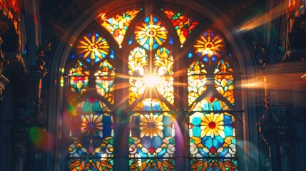 A decorative stained glass window with intricate patterns and vibrant colors, against a backdrop of soft sunlight, adding artistic beauty and charm to architectural spaces.