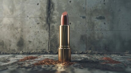 A duo-tone lipstick bullet with metallic finish, positioned against a backdrop of industrial concrete, combining urban edge with modern beauty for a contemporary aesthetic.